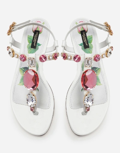 Shop Dolce & Gabbana Patent Leather Flip Flops With Stone Embroidery In White