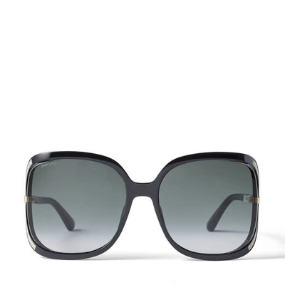 Shop Jimmy Choo Tilda Black Oversized Square Sunglasses With Cut-out Grey Lenses And Crystal Trim In E9o Dark Grey Shaded