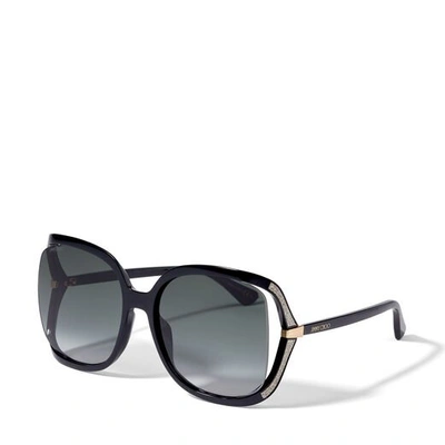 Shop Jimmy Choo Tilda Black Oversized Square Sunglasses With Cut-out Grey Lenses And Crystal Trim In E9o Dark Grey Shaded