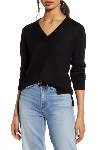 Shop Halogenr Halogen V-neck Merino Wool Blend Sweater In Black