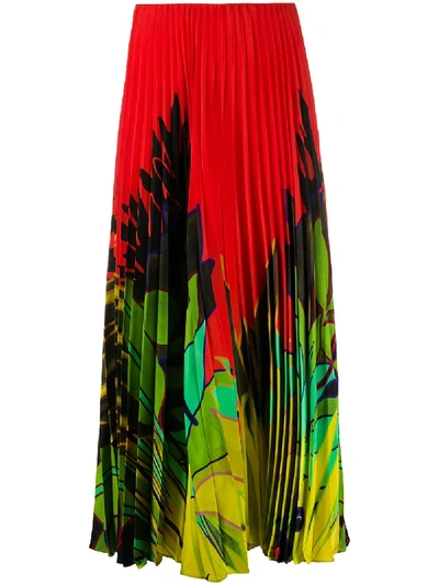 Shop Valentino Mirrored Orchid Print Pleated Skirt In Red