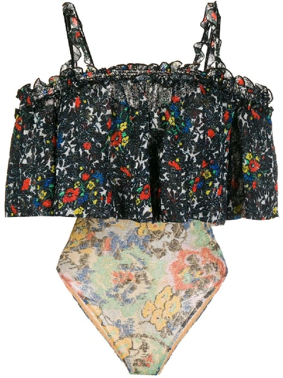 Shop Missoni Floral Ruffled Swimsuit In Black