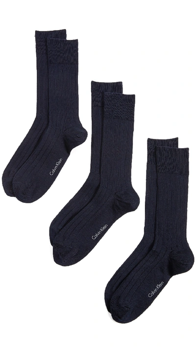 Shop Calvin Klein Underwear 3 Pack Rib Dress Crew Socks In Navy