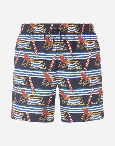 Shop Dolce & Gabbana Medium Swimming Trunks With Sunlounger Print In Blue