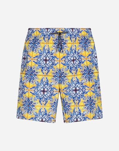 Shop Dolce & Gabbana Medium Swimming Trunks With Maiolica Print On A Yellow Background