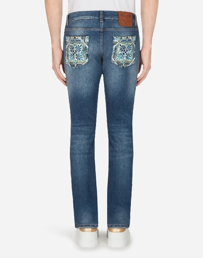 Shop Dolce & Gabbana Stretch Skinny Jeans With Printed Cotton Details