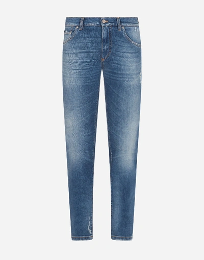 Shop Dolce & Gabbana Stretch Skinny Jeans With Printed Cotton Details