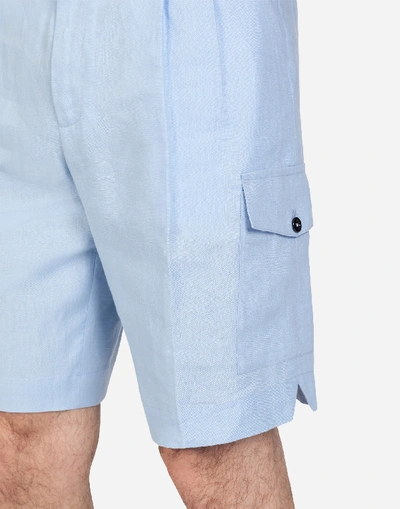Shop Dolce & Gabbana Bermuda Cargo Shorts In Linen In Azure