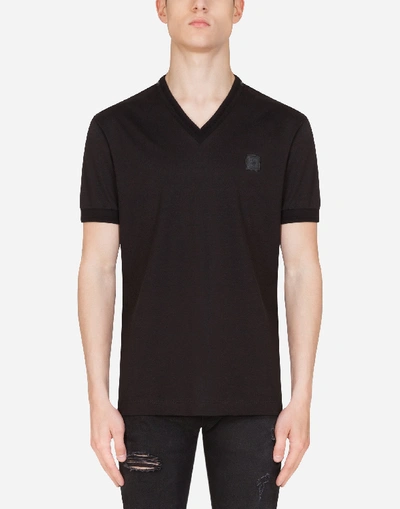 Shop Dolce & Gabbana V-neck Cotton T-shirt With Rubberized Logo Patch