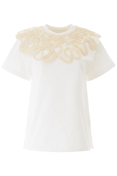 Shop Jil Sander T-shirt With Macrame Collar In Natural (white)