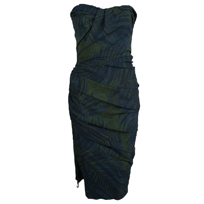 Pre-owned Lanvin Bottle Green Palm Leaf Print Strapless Ruched Midi Dress M