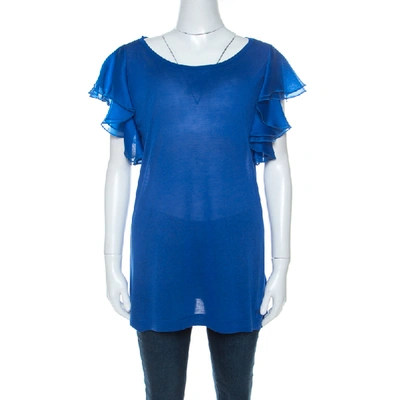 Pre-owned Gucci Blue Jersey And Silk Ruffled Sleeve Top S