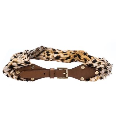 Pre-owned Roberto Cavalli Leopard Print Satin And Leather Waist Belt 95cm In Brown