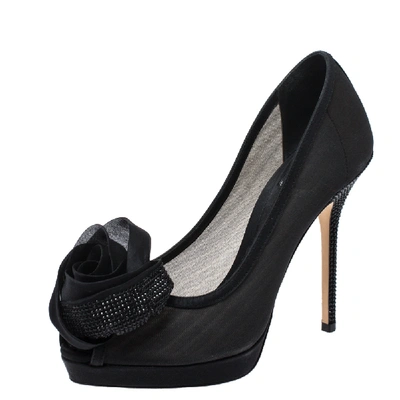 Pre-owned Dior Black Mesh And Satin Chiffon Flower Peep Toe Platform Pumps Size 37.5