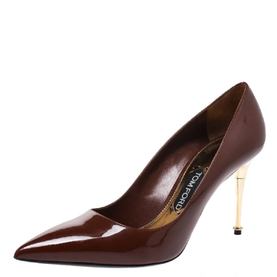 Pre-owned Tom Ford Pumpkin Brown Patent Leather Gold Pin Heels Pointed Pumps Size 41