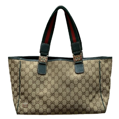 Pre-owned Gucci Beige/green Gg Canvas And Leather Shopper Tote