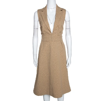 Pre-owned Saint Laurent Beige Textured Wool Blend Cutout Detail Wrap Dress M