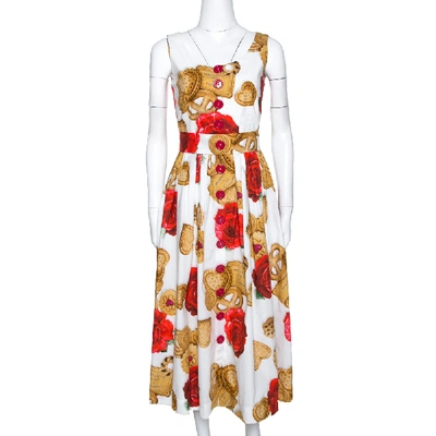 Pre-owned Dolce & Gabbana White Cotton Rose Biscuit Print Midi Dress S