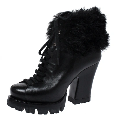 Pre-owned Prada Black Fur Ankle Lace Up Platform Boots Size 37