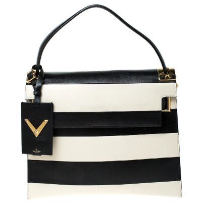 Pre-owned Valentino Garavani Black/white Striped Leather My Rockstud Top Handle Bag