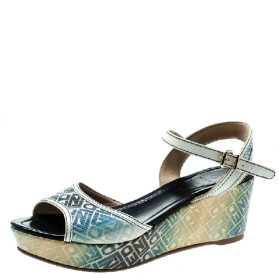 Pre-owned Fendi Multicolor Printed Canvas And Leather Trim Platform Wedge Sandals Size 41