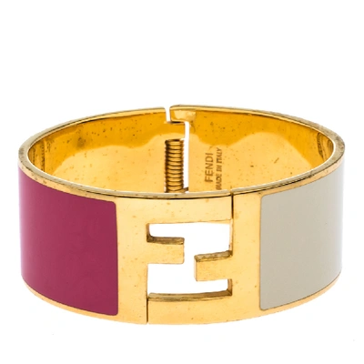 Pre-owned Fendi Sta Bi-color Enamel Gold Tone Wide Bracelet S In Multicolor