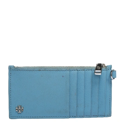 Pre-owned Tory Burch Light Blue Leather Top Zip Slim Card Holder