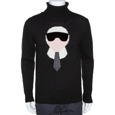 Pre-owned Fendi Black Cashmere Intarsia Knit Karlito Turtleneck Sweater M