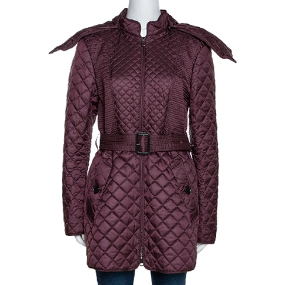 Pre-owned Burberry Burgundy Quilted Fur Lined Detachable Hood Detail Jacket M