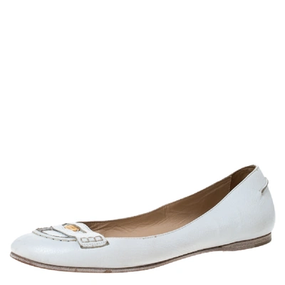 Pre-owned Fendi White Leather Logo Plaque Loafer Ballet Flats Size 40