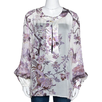 Pre-owned Roberto Cavalli Purple Floral Shimmer Print Silk Sheer Blouse L