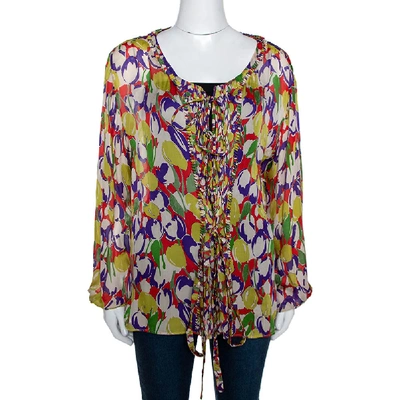 Pre-owned Roberto Cavalli Multicolor Tulip Print Silk Sheer Blouse M