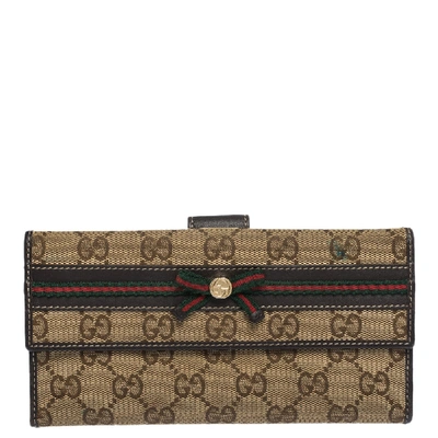 Pre-owned Gucci Brown/beige Gg Canvas And Canvas Mayfair Bow Continental Wallet