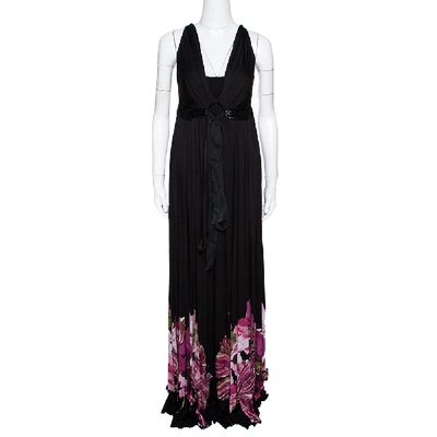Pre-owned Roberto Cavalli Black Floral Printed Jersey Bead Embellished Maxi Dress M