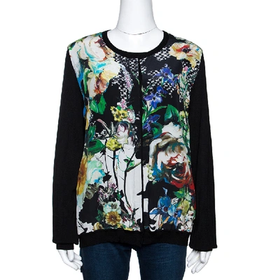 Pre-owned Roberto Cavalli Multicolor Printed Silk & Knit Double Layer Cardigan L