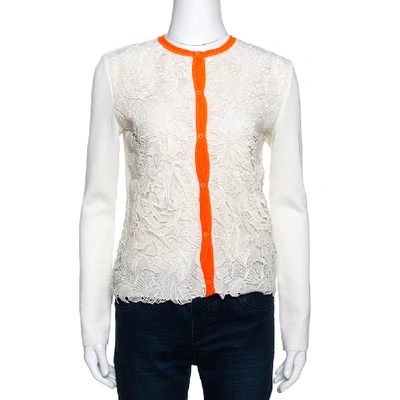 Pre-owned Dior Cream Guipure Lace & Knit Contrast Neon Trim Cardigan S