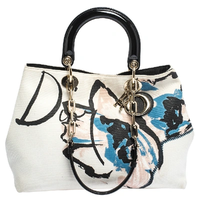 Pre-owned Dior Beige/black Canvas And Patent Leather Limited Edition Floral Graffiti D Light Tote