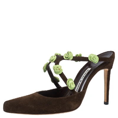 Pre-owned Manolo Blahnik Brown Suede And Green Rose Embellished Pointed Toe Mules Size 37