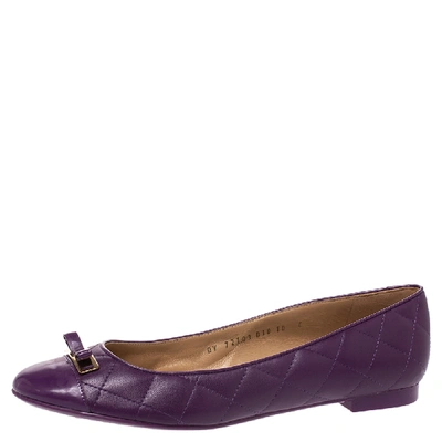 Pre-owned Ferragamo Purple Quilted Leather Bow Ballet Flats Size 40.5