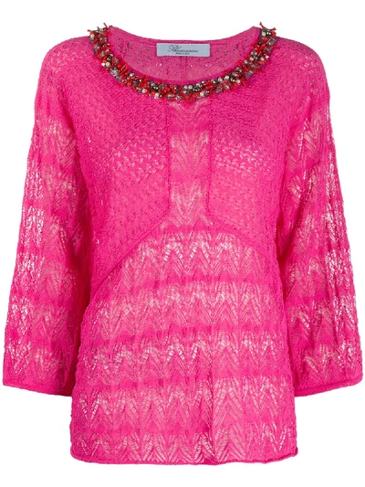 Shop Blumarine Embellished Decorative Knit Blouse In Pink