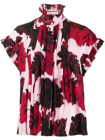 Shop Alexandre Vauthier Floral Print Ruffle Neck Shirt In Red