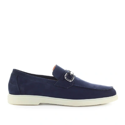Shop Santoni Navy Suede Loafer With Snaffle In Blue