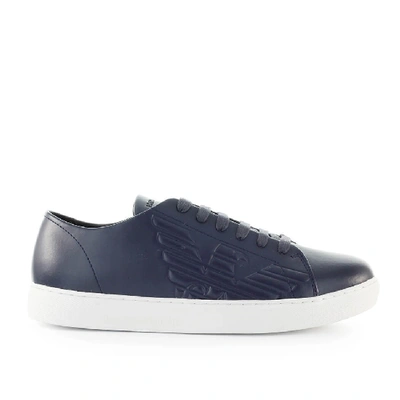 Shop Emporio Armani Navy Blue Leather Sneaker