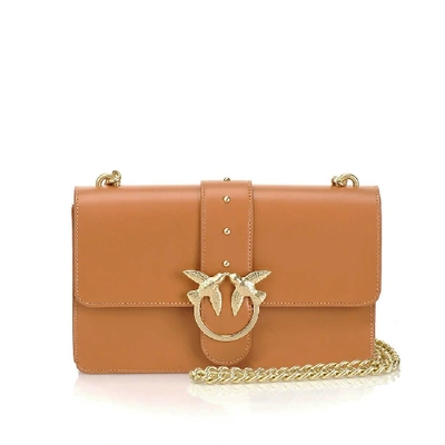 Shop Pinko Love Classic Simply C Light Brown Crossbody Bag In Leather