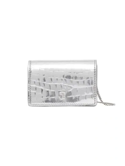 Shop Burberry Jessie Tb Croc-embossed Metallic Wallet-on-chain In Silver