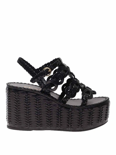 Shop Prada Woven Leather Wedge Sandals In Black
