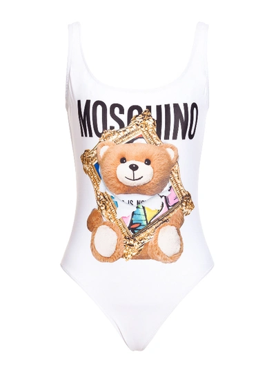 Shop Moschino Frame Teddy Bear Swimsuit In White