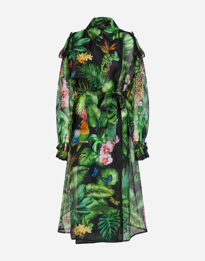 Shop Dolce & Gabbana Organza Trench Coat With Jungle Forest Print In Multicolor