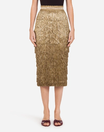 Shop Dolce & Gabbana Midi Skirt With Fringe In Beige