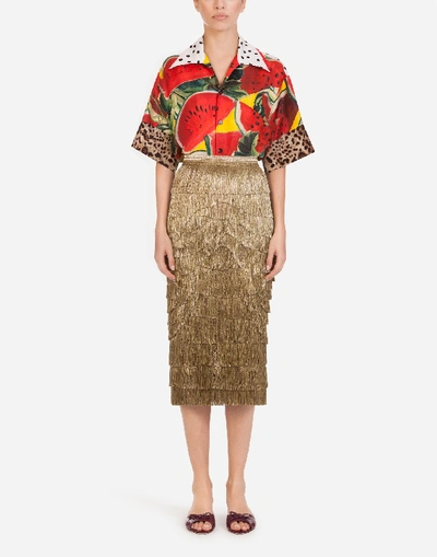 Shop Dolce & Gabbana Midi Skirt With Fringe In Beige